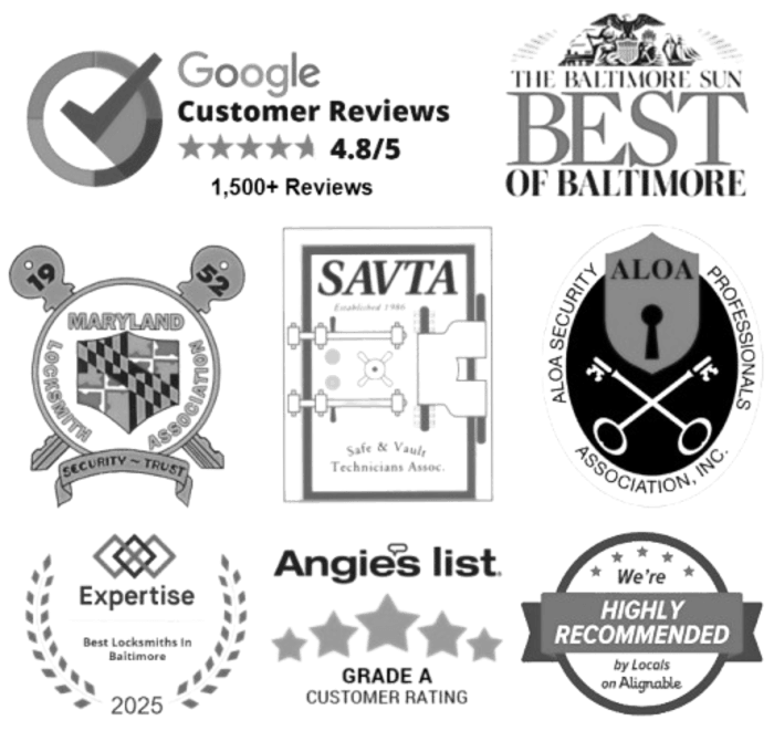 Angie's list grade A rated, Top rated Maryland locksmith, Best of Baltimore by Baltimore Sun, and Best Rated Baltimore company. Members of SAVTA, MDMLA, ALOA, and SBA WOSB